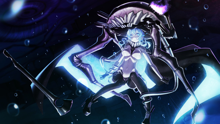 10s 1girl abyssal_ship ammonite blue_eyes bodysuit breasts bubble cape female_focus gloves glowing glowing_eyes highres kantai_collection large_breasts long_hair md5_mismatch pale_skin personification resolution_mismatch sakuya_tsuitachi silver_hair solo wo-class_aircraft_carrier