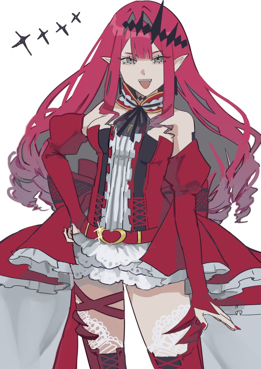 1girl absurdres baobhan_sith_(fate) baobhan_sith_(first_ascension)_(fate) boots breasts detached_sleeves dress earrings fate/grand_order fate_(series) frilled_dress frills grey_eyes hair_ornament hand_on_own_hip highres hiyakamosirenai jewelry long_hair open_mouth pink_hair pointy_ears red_dress sidelocks smile solo thigh_boots