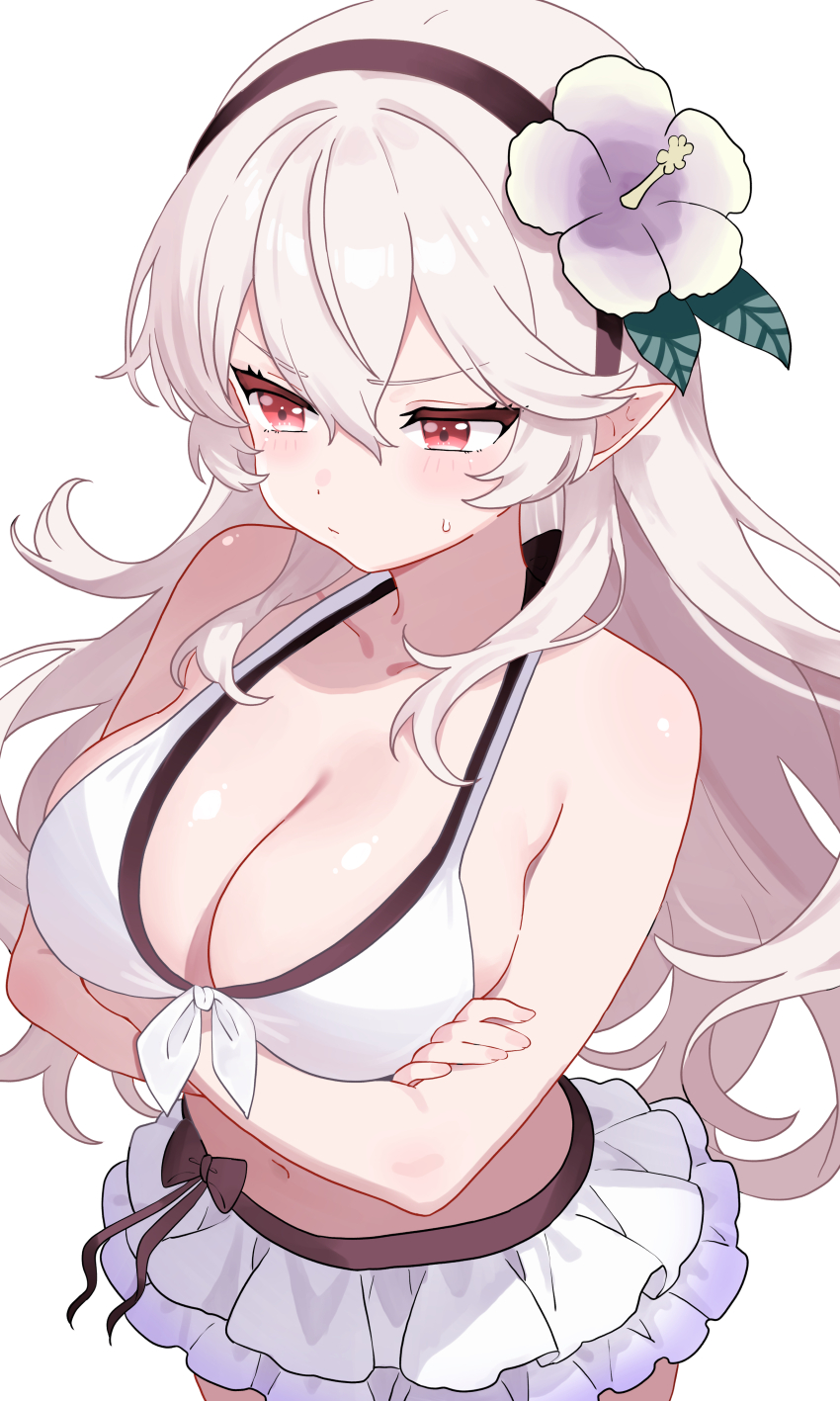 1girl absurdres annoyed arms_under_breasts bare_shoulders bikini bikini_skirt black_hairband blush breasts cleavage closed_mouth cowboy_shot crossed_arms female_corrin_(fire_emblem) female_corrin_(novice_vacationer)_(fire_emblem) fire_emblem fire_emblem_fates fire_emblem_heroes flower front-tie_bikini_top front-tie_top frown grey_hair hair_between_eyes hair_flower hair_ornament hairband highres large_breasts long_hair looking_to_the_side n_54 navel nintendo official_alternate_costume pointy_ears pout red_eyes simple_background solo sweat sweatdrop swimsuit v-shaped_eyebrows white_background white_bikini