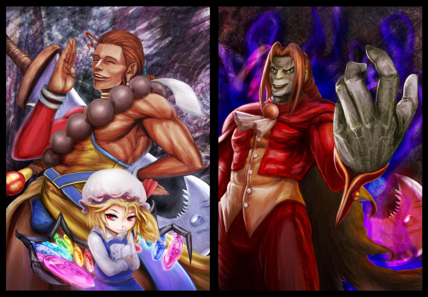 1girl 2boys ascot asymmetrical_hair beads black_border blonde_hair blue_skirt blue_vest border brown_hair brown_shirt buttons closed_eyes closed_mouth commentary_request cookie_(touhou) copyright_request cowboy_shot crescent cropped_jacket crystal dinosaur_adventure fang flandre_scarlet green_eyes hat highres jacket khn_(kihana) long_hair looking_at_viewer manatsu_no_yo_no_inmu meme mob_cap multiple_boys open_mouth oro_(dinosaur_adventure) pants ponytail prayer_beads red_eyes red_jacket red_pants shirt skirt smile toono_(coat) touhou vest weapon weapon_on_back white_ascot white_headwear wings yee_(meme) yuno_(cookie)