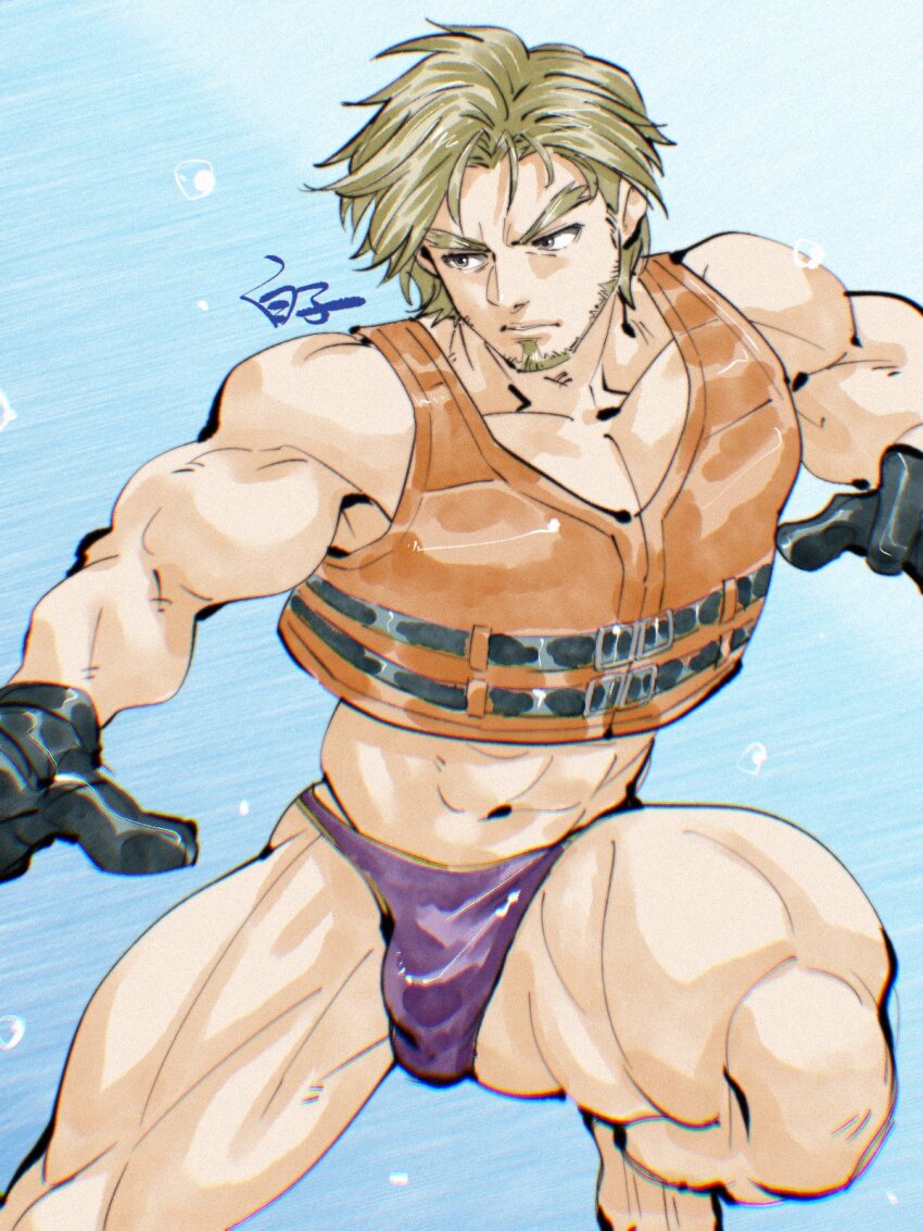 1boy beard black_gloves blonde_hair collarbone facial_hair forked_eyebrows gloves highres life_vest long_sideburns looking_to_the_side male_focus male_swimwear male_underwear malik_caesars malik_caesars_(lifeguard) muscular muscular_male no_shirt official_alternate_costume pectoral_cleavage pectorals purple_male_underwear shirako_(kirupi) short_hair sideburns solo standing standing_on_one_leg swim_briefs tales_of_(series) tales_of_graces underwear v-shaped_eyebrows water_drop