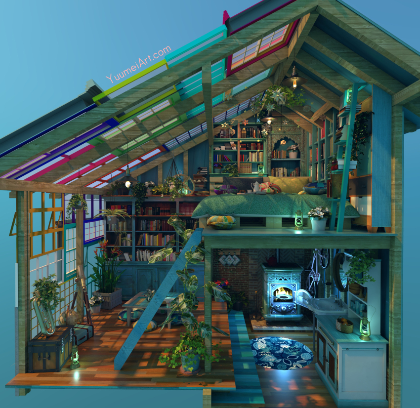 3d bed bicycle blue_background book book_stack bookshelf brick_wall ceiling_light cross-section day faucet fire furnace hanging_plant highres instrument instrument_request ladder lantern mirror no_humans original pillow plant pot-holder potted_plant rug scenery simple_background sink telescope treasure_chest watermark web_address window wooden_floor yuumei