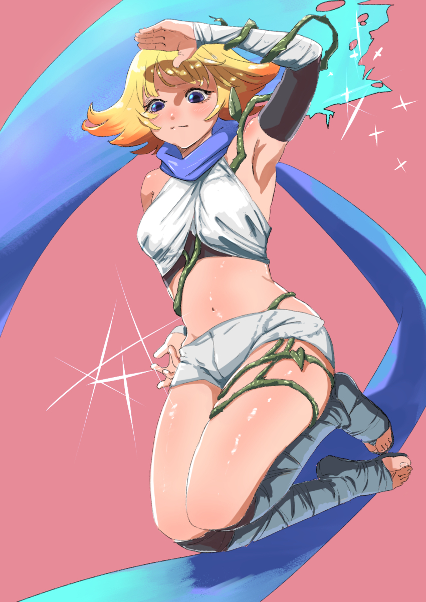 1girl armpits bare_shoulders blonde_hair blue_eyes breasts crop_top floating highres kid_icarus kid_icarus_uprising medium_breasts niek4649 nintendo orange_hair phosphora pink_background short_hair shorts