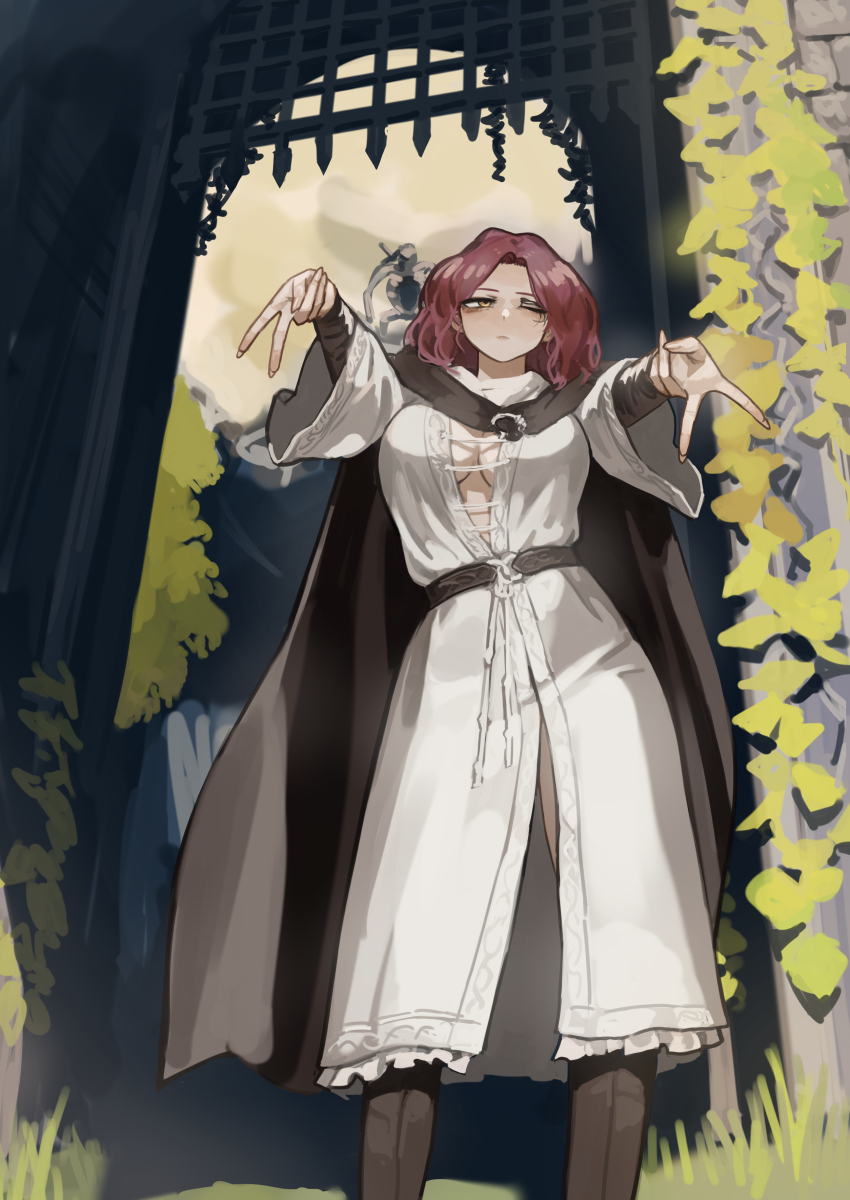 1girl absurdres black_cloak breasts cleavage cloak double_v dress elden_ring highres hood hooded_cloak melina_(elden_ring) miao_jiangyou one-eyed one_eye_closed red_hair solo v white_dress yellow_eyes