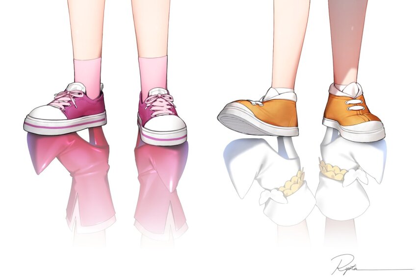 2girls boots different_reflection feet feet_only foot_focus harukaze_doremi makihatayama_hana multiple_girls ojamajo_doremi orange_shoes pink_boots pink_shoes pink_socks pointy_footwear reflection reflective_floor ryota_(ry_o_ta) shoes signature simple_background sneakers socks standing white_background white_footwear white_socks winged_footwear