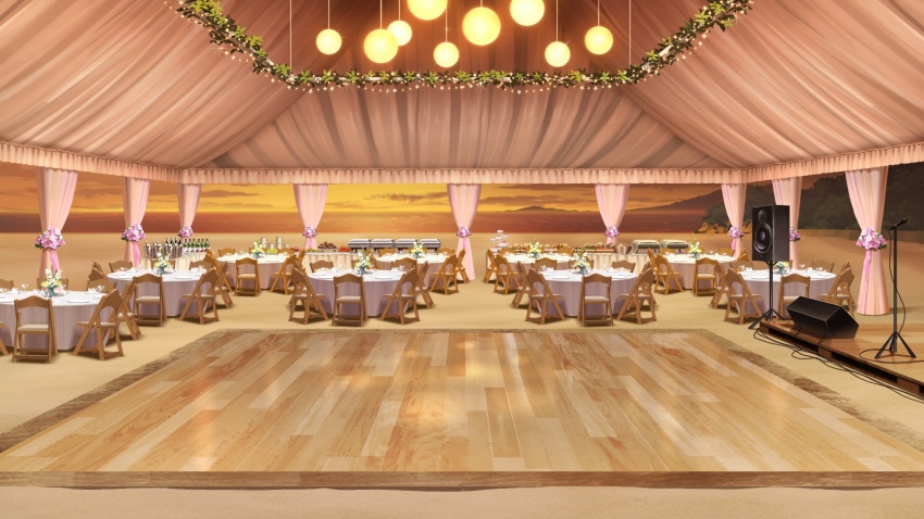 beach bouquet cup curtains dance_floor drinking_glass flower food garland_(decoration) hanging_light highres microphone mountainous_horizon no_humans non-web_source ocean official_art our_life our_life:_beginnings_and_always outdoors pink_flower sand scenery speaker sunset table tablecloth tent tray variant_set wine_glass wooden_floor
