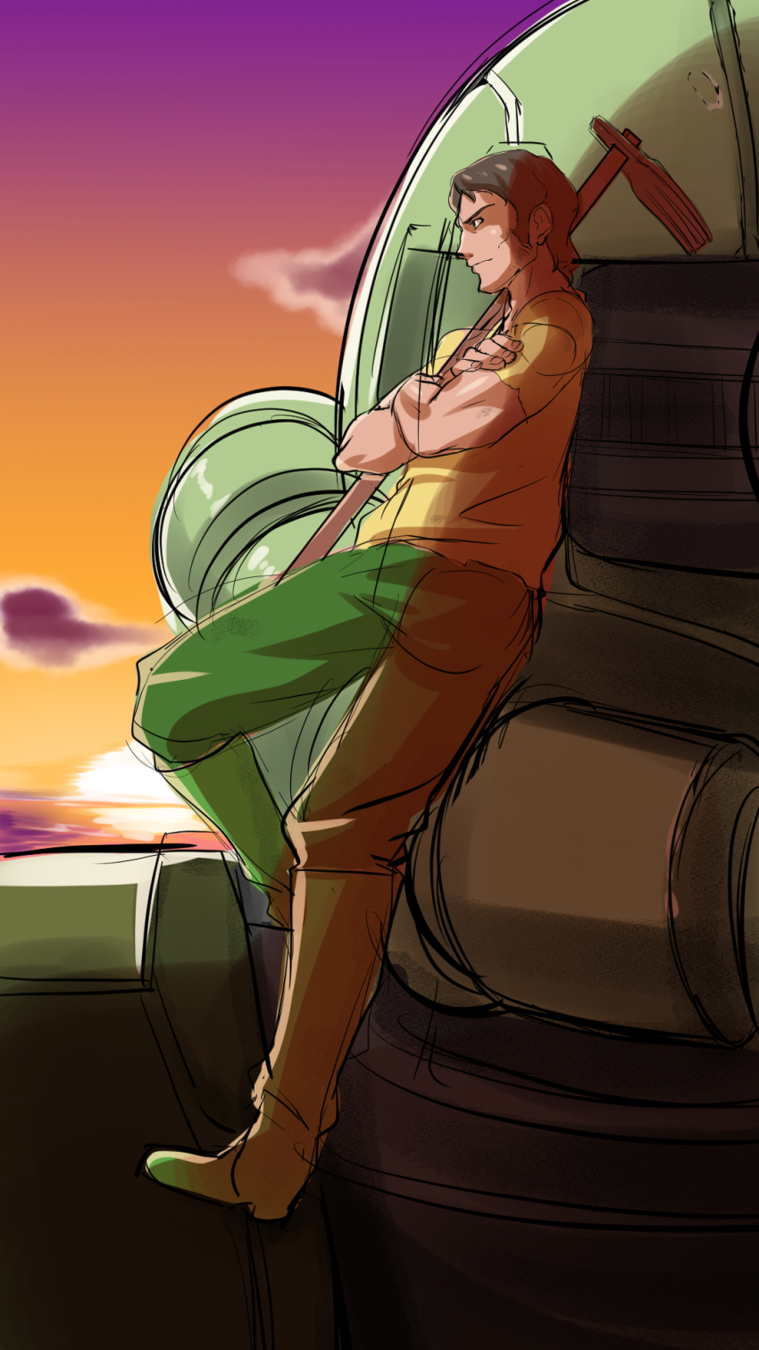 1boy black_hair cucuruz_doan gundam highres mobile_suit_gundam sunset toron_(mino106) zaku zaku_ii