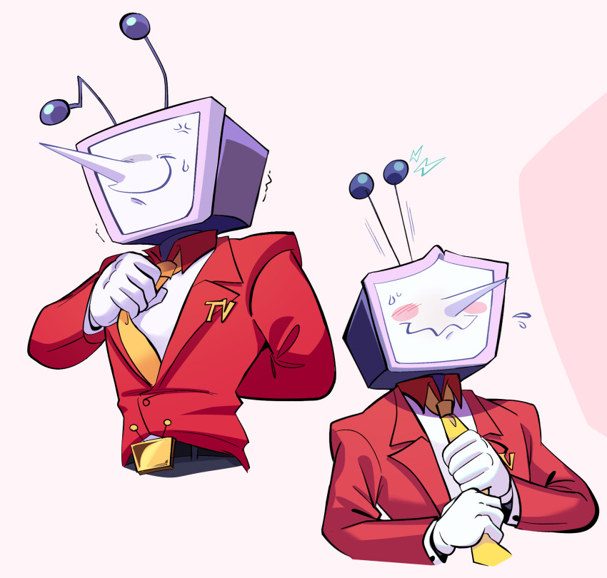 1boy adjusting_clothes adjusting_necktie anger_vein ant_tenna belt belt_buckle black_belt blush_stickers buckle colliholly commentary crt deltarune english_commentary flying_sweatdrops gloves highres jacket male_focus multiple_views necktie object_head pointy_nose red_jacket smile static_electricity sweat white_gloves yellow_necktie