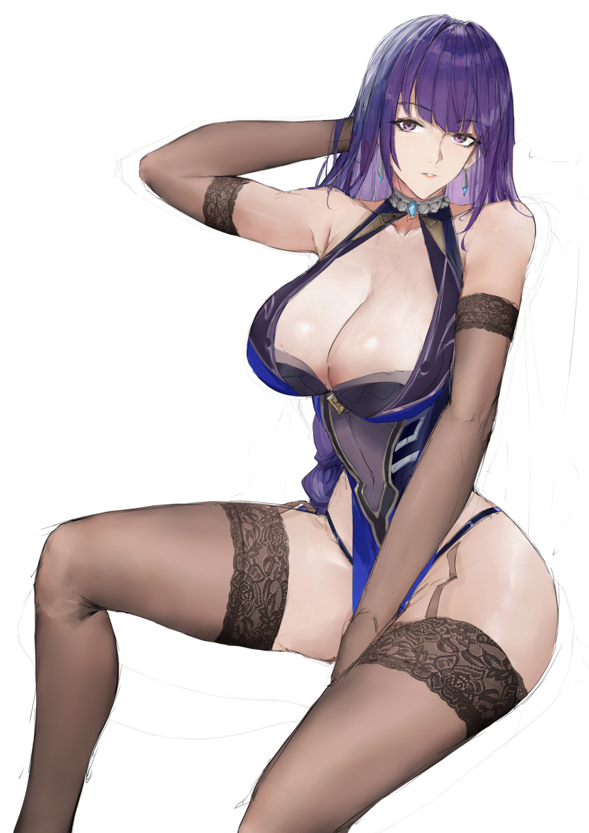 1girl absurdres bare_shoulders blue_dress braid breasts brown_thighhighs cleavage cleavage_cutout clothing_cutout collarbone cosplay dress earrings elbow_gloves genshin_impact gloves highres jewelry large_breasts long_hair looking_at_viewer low-braided_long_hair low-tied_long_hair mole mole_under_eye neck_ring parted_lips pelvic_curtain purple_eyes purple_hair raiden_shogun ritalem short_dress solo thighhighs thighs very_long_hair yelan_(genshin_impact) yelan_(genshin_impact)_(cosplay)