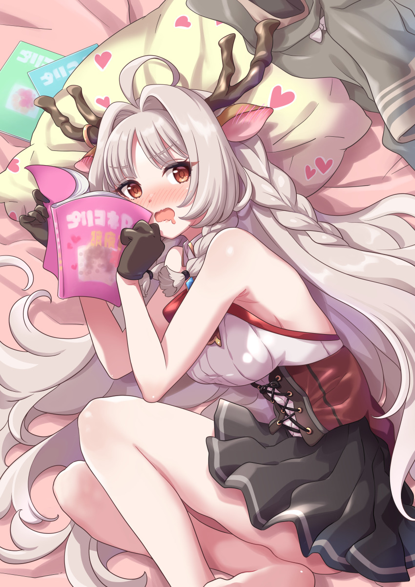 1girl absurdres ahoge animal_ears antler_ring antlers barefoot black_gloves black_skirt blue_gemstone blush book braid breasts brown_eyes corset cross-laced_clothes deer_antlers deer_ears deer_girl embarrassed from_above gem gloves grey_hair hair_intakes half_gloves highres holding holding_book horns knees_up large_breasts long_hair louise_marie lying nose_blush on_side open_mouth pleated_skirt princess_connect! shirt skirt sleeveless striped_clothes striped_shirt tsukachii vertical-striped_clothes vertical-striped_shirt white_shirt