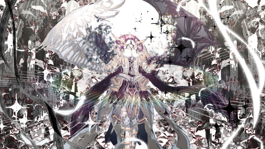angel_wings annie_(annhoyyy) armor asymmetrical_wings chaos_angel_(yu-gi-oh!) duel_monster halo head_wings headless highres jewelry lens_flare mismatched_wings solo standing star_(symbol) wings yu-gi-oh!