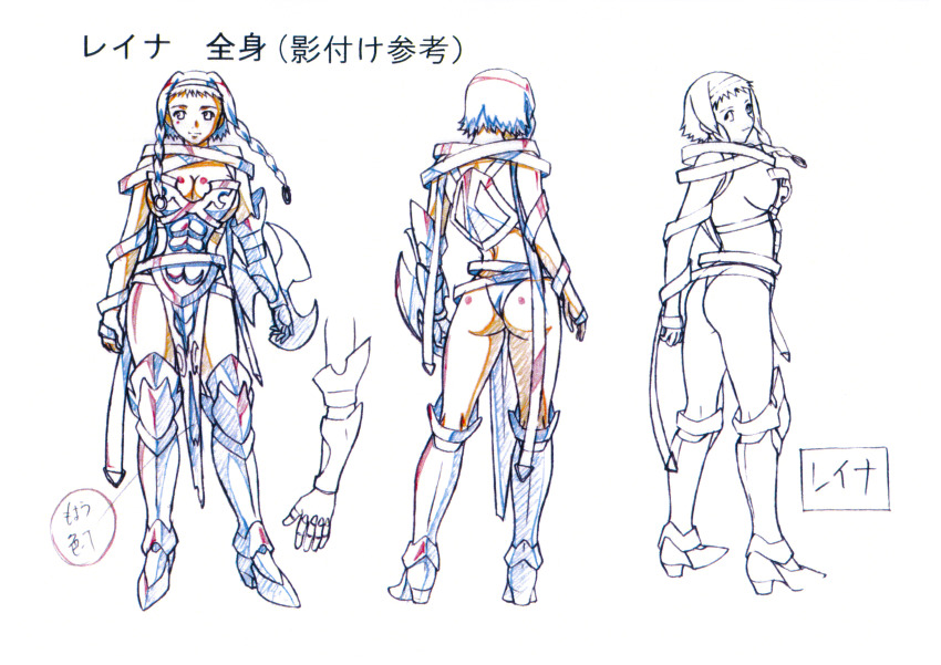 1girl absurdres armor ass braid breastplate breasts buckle reference_sheet cleavage curvy female_focus full_body hairband highres hisayuki_hirokazu large_breasts leina_(queen&#039;s_blade) monochrome multiple_views official_art queen&#039;s_blade revealing_clothes scan shield shiny_skin smile standing sword thong twin_braids weapon wide_hips