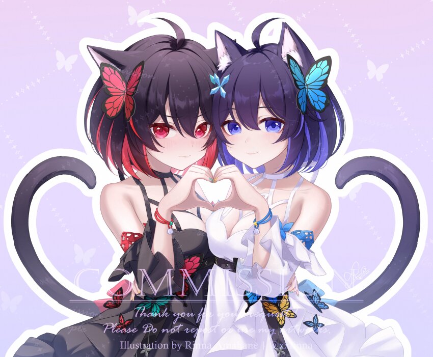 2girls absurdres animal_ears artist_name bare_shoulders black_dress black_hair blue_butterfly blue_eyes blue_hair bracelet bug butterfly butterfly_hair_ornament cat_ears cat_girl cat_tail closed_mouth commentary commission dress hair_ornament hashtag-only_commentary heart heart_hands heart_hands_duo highres honkai_(series) honkai_impact_3rd insect jewelry multiple_girls outline purple_background red_butterfly red_eyes red_hair rinna_(xxrinna) seele_(alter_ego) seele_vollerei short_hair smile tail watermark white_dress white_outline
