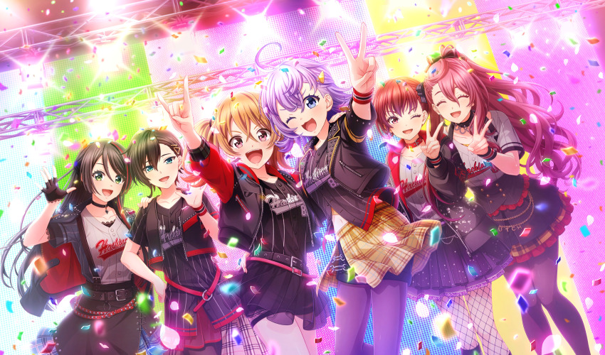 6+girls :d ;d \n/ ^_^ ahoge asada_aoi baseball_uniform belt belt_buckle black_belt black_bow black_gloves black_hair black_jacket black_pantyhose black_shirt black_skirt blonde_hair blue_eyes bow brown_eyes buckle cinderella_series closed_eyes concert confetti fingerless_gloves frilled_skirt frills game_cg gloves green_eyes hachigatsu_no_cinderella_nine hair_between_eyes hair_bow hair_ornament hairclip high_ponytail highres honjo_chikage iwaki_yoshimi jacket kurashiki_maiko long_hair looking_at_viewer multiple_girls non-web_source official_alternate_hairstyle official_art one_eye_closed open_mouth pantyhose ponytail purple_hair red_eyes red_hair shirt short_hair short_sleeves skirt smile sportswear stage_lights standing stuffed_toy tsukahara_shizuku tsukumo_kana v white_shirt wristband