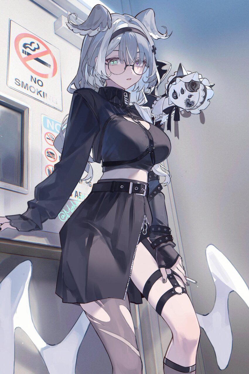 1girl absurdres aqua_eyes black_hairband breasts chest_harness cigarette commentary cross-shaped_pupils elira_pendora elira_pendora_(goth) english_commentary expressionless fang fingerless_gloves glasses gloves grey_hair hair_between_eyes hairband harness head_wings heterochromia highres holding holding_cigarette large_breasts long_hair looking_at_viewer low_wings nijisanji nijisanji_en no_smoking pantyhose parted_lips pikl_(elira_pendora) purple_eyes single_fingerless_glove single_leg_pantyhose symbol-shaped_pupils tochigi_1990 torn_clothes torn_pantyhose virtual_youtuber wings