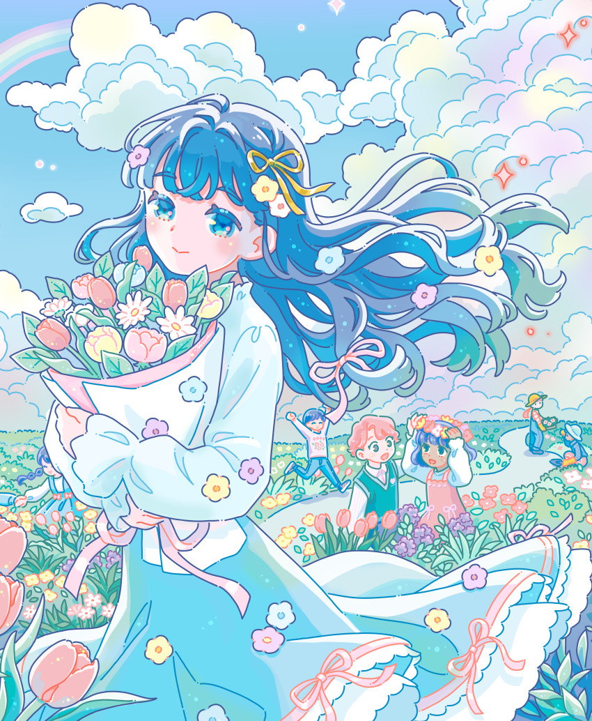 2boys 2girls 2others absurdres aqua_skirt blue_eyes blue_hair blue_sky blush bouquet closed_mouth cloud dark-skinned_female dark_skin day eyelashes field floating_hair flower flower_field flower_wreath full_body hair_flower hair_ornament head_wreath highres hiro046k holding holding_bouquet leaf long_hair long_skirt long_sleeves looking_at_viewer multiple_boys multiple_girls multiple_others original outdoors peony_(flower) pink_flower rainbow red_flower red_tulip shirt skirt sky smile solo tulip white_flower white_shirt yellow_flower