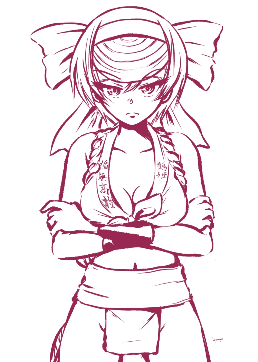 1girl absurdres artist_name blush breasts cleavage closed_mouth collarbone crossed_arms fundoshi girls_und_panzer girls_und_panzer_ribbon_no_musha hair_ribbon highres hiyama_yuu_(wee259hiyama) japanese_clothes lineart looking_at_viewer medium_breasts mizu_happi monochrome navel ribbon serious signature simple_background sketch solo tsuruki_shizuka