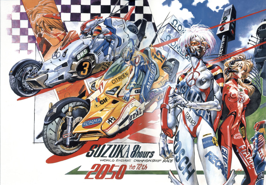 2050 2girls 6+girls american_flag_bodysuit android bbs_(company) biker_clothes bikesuit bilstein black_hair blonde_hair blue_sky bodysuit bosch_(company) breasts center_opening character_request christmas_tree_(racing) citroen cleavage collarbone copyright_name covered_erect_nipples cyborg der_mond detached_collar dragster elf elf_(company) english_text epg_(company) epson facepaint female_focus fiamm_(company) fiat france full_body german_flag germany goggles headset helmet highres honda imageboard_desourced italian_flag italy large_breasts long_hair looking_at_viewer magneti_marelli mecha mechanic medium_breasts mercedes-benz michelin motor_vehicle motorcycle motorcycle_helmet multiple_girls non-web_source norma_(company) omega_(company) outdoors panasonic parody peugeot pointy_ears racing racing_suit recaro_(company) red_bodysuit renault robot sadamoto_yoshiyuki sauber_(company) science_fiction short_hair skin_tight skinny sky slender smile source_request standing suzuka_hachitai_2050 tattoo total_(company) traffic_light transparent united_states vehicle wheel white_background white_bodysuit white_hair