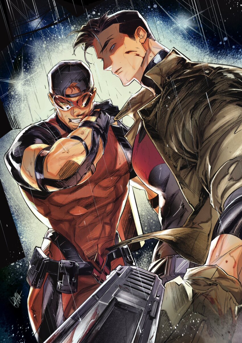 2boys arsenal_(dc) artist_name baseball_cap bat_signal batman_(series) batman_symbol belt black_gloves black_hair bodysuit brown_jacket dc_comics gloves grey_bodysuit hat highres holding insignia jacket jason_todd looking_at_viewer male_focus multiple_boys muscular muscular_male orange_hair pants red_bodysuit red_hood_(dc) roy_harper short_hair superhero_costume tokitokororo two-tone_bodysuit utility_belt