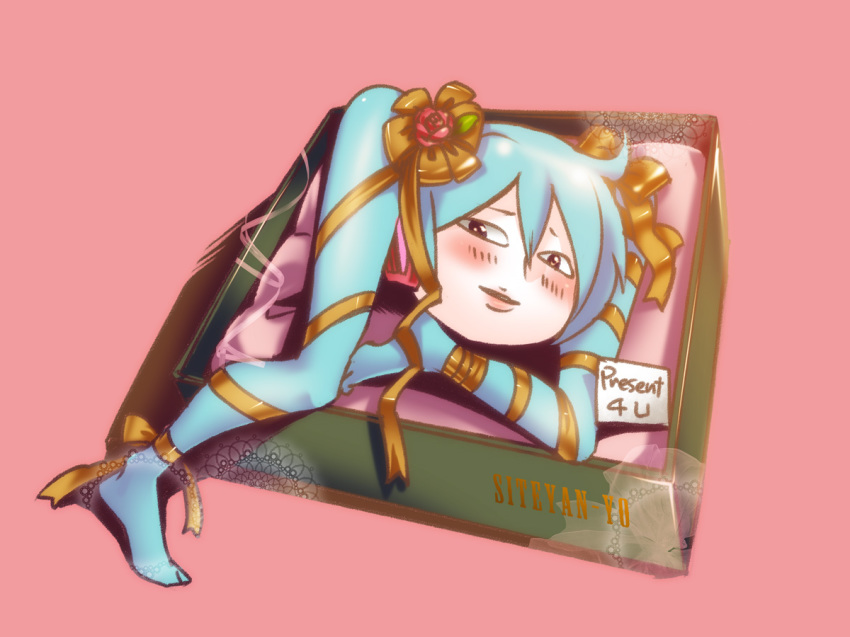 1girl aqua_hair blush box caffein female_focus full_body gift hair_ornament hatsune_miku in_box in_container legs parody ribbon shiteyan&#039;yo smile solo twintails vocaloid