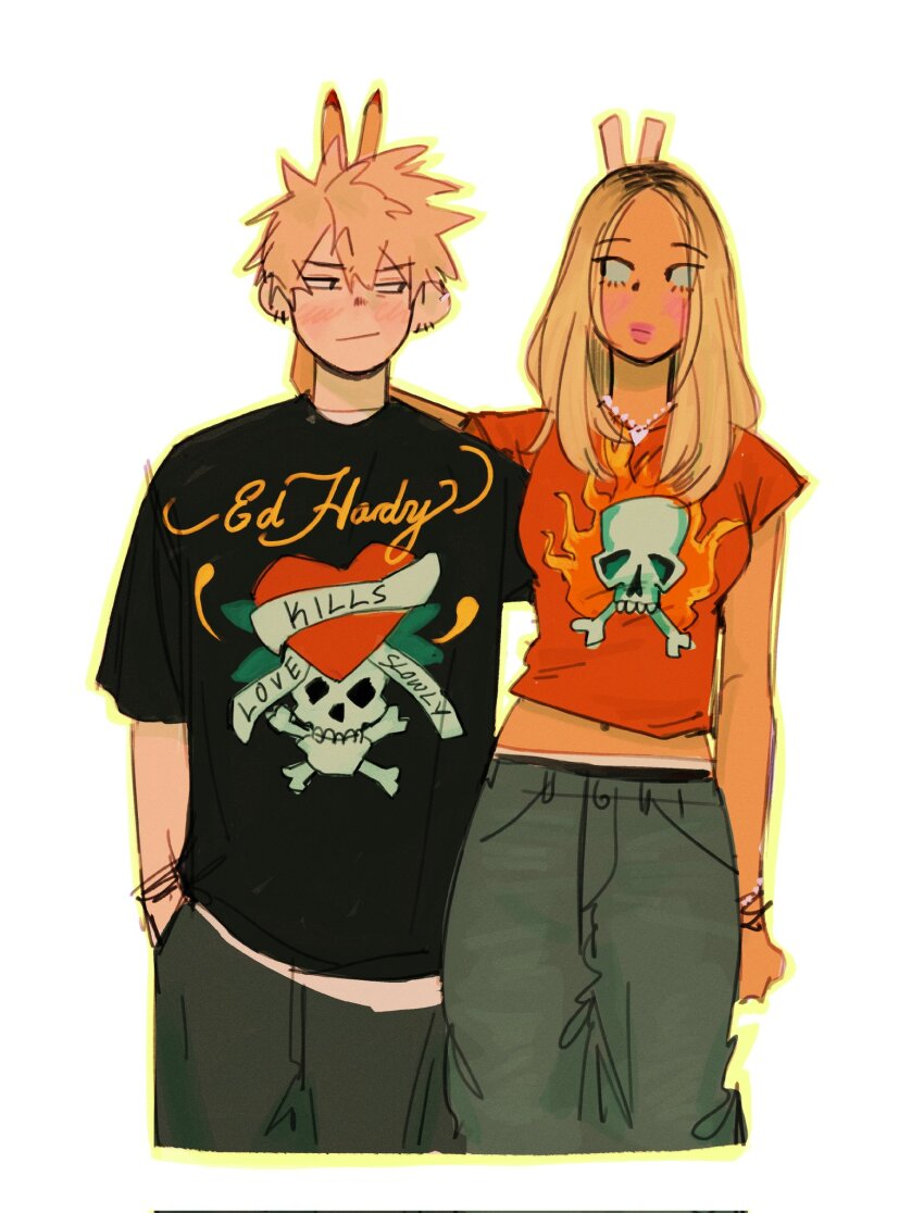 1boy 1girl bakugou_katsuki beybuniki black_hair black_pants black_shirt blonde_hair boku_no_hero_academia bunny_ears_prank commentary earrings hand_in_pocket heart heart_necklace highres jewelry midriff multicolored_hair multiple_earrings navel necklace pants pink_lips red_skirt roots_(hair) shirt skirt skull_print t-shirt two-tone_hair utsushimi_kemii v
