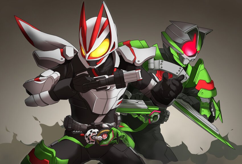 2boys animal_ears armor armored_boots back-to-back black_bodysuit black_footwear black_gloves bodysuit boots commentary_request desire_driver rider_belt fighting_stance foreshortening fox fox_mask gears gloves gradient_background green_armor gun handgun highres kamen_rider kamen_rider_geats kamen_rider_geats_(series) kamen_rider_tycoon kitsune leaf leg_up magnum_boost magnum_buckle magnum_ninja_form magnum_shooter_40x male_focus mask miyabi_(037) multiple_boys ninja ninja_buckle ninja_dueler pink_background raccoon_ears raise_buckle red_eyes reverse_grip scarf shoulder_armor sword tanuki upper_body weapon white_armor white_scarf wind yellow_eyes