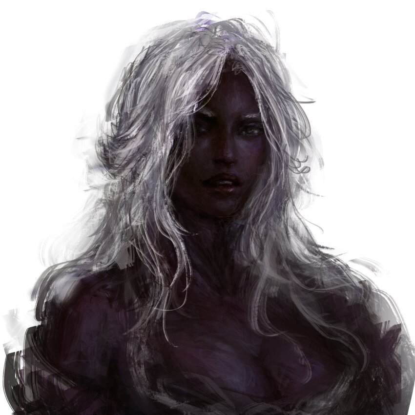 1girl absurdres all_lee24 bare_shoulders black_skin colored_skin commentary cropped_shoulders curtained_hair elden_ring elden_ring_nightreign grey_eyes highres long_hair looking_at_viewer parted_bangs parted_lips portrait recluse_(elden_ring) sidelocks_tied_back solo white_background white_hair witch