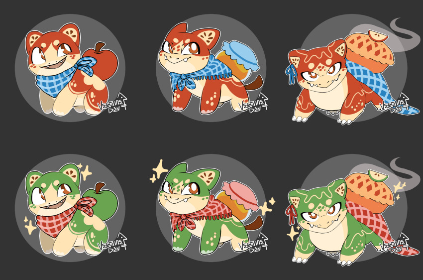 adoptable alternate_color alternate_shiny_pokemon apple apple_pie apple_slice applesauce bulbasaur checkered_bandana evolutionary_line fangs food fruit gen_1_pokemon green_apple grey_background highres ivysaur nintendo no_humans nostrils picnic_blanket pie pokemon pokemon_(creature) signature venusaur verminedev