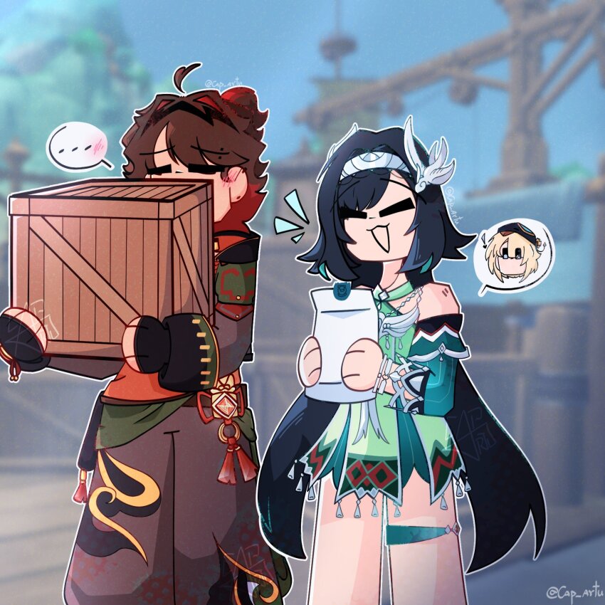 1girl 2boys aqua_sleeves bird_hair_ornament black_hair blonde_hair box bracelet brown_hair brown_pants cap_artu chibi choker detached_sleeves dress freminet_(genshin_impact) gaming_(genshin_impact) genshin_impact green_dress hair_ornament hairband hat highres holding holding_box jewelry lan_yan_(genshin_impact) long_hair multiple_boys pants red_shirt shirt smile vision_(genshin_impact)