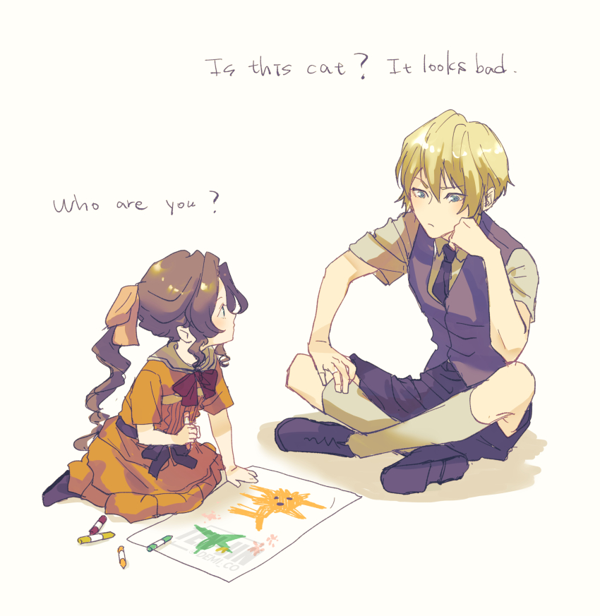 1boy 1girl aerith_gainsborough aged_down black_shorts blonde_hair bow bowtie brown_hair child collared_dress crayon demi_co drawing_(object) dress english_text final_fantasy final_fantasy_vii final_fantasy_vii_remake frown full_body grey_vest hair_between_eyes hair_ribbon head_on_hand highres holding holding_crayon indian_style long_hair looking_at_another orange_dress parted_bangs ponytail red_bow red_bowtie ribbon rufus_shinra sailor_collar shirt short_hair short_sleeves shorts sidelocks sitting sleeves_rolled_up vest white_background white_sailor_collar white_shirt