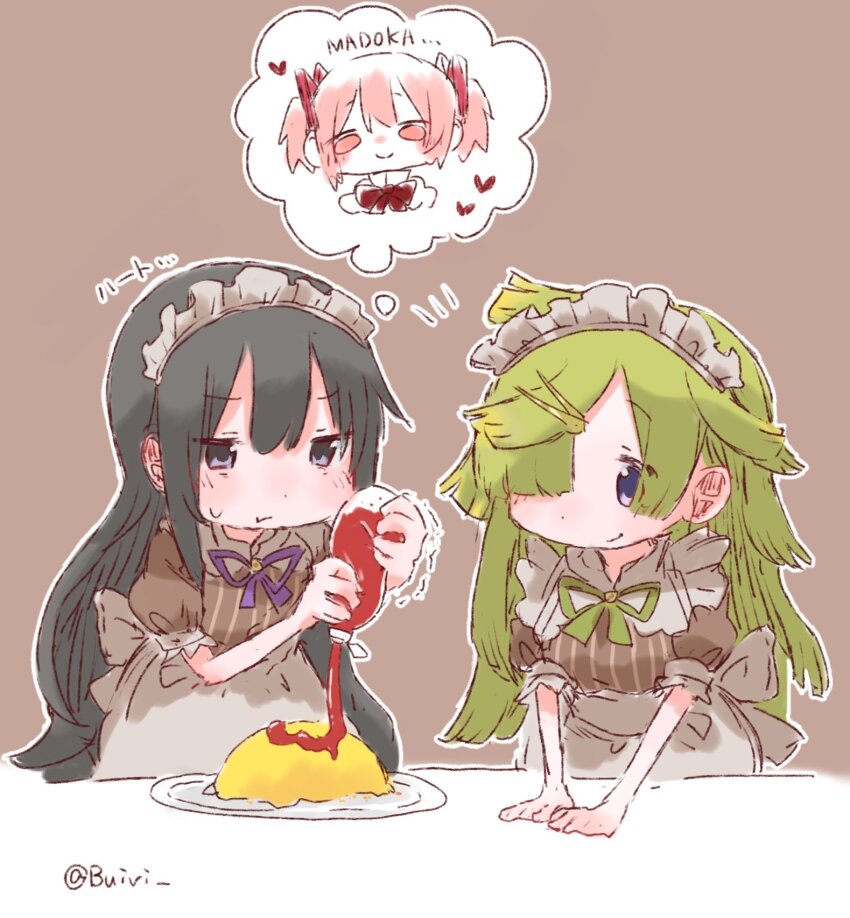 2girls aki_mabayu apron black_hair buivi food green_hair highres kaname_madoka ketchup ketchup_bottle kishimen_hair long_hair magia_record:_mahou_shoujo_madoka_magica_gaiden mahou_shoujo_madoka_magica maid_apron maid_headdress multiple_girls one_eye_covered plate purple_background purple_eyes recompense_maid_uniform short_sleeves speech_bubble squeezing thought_bubble white_apron