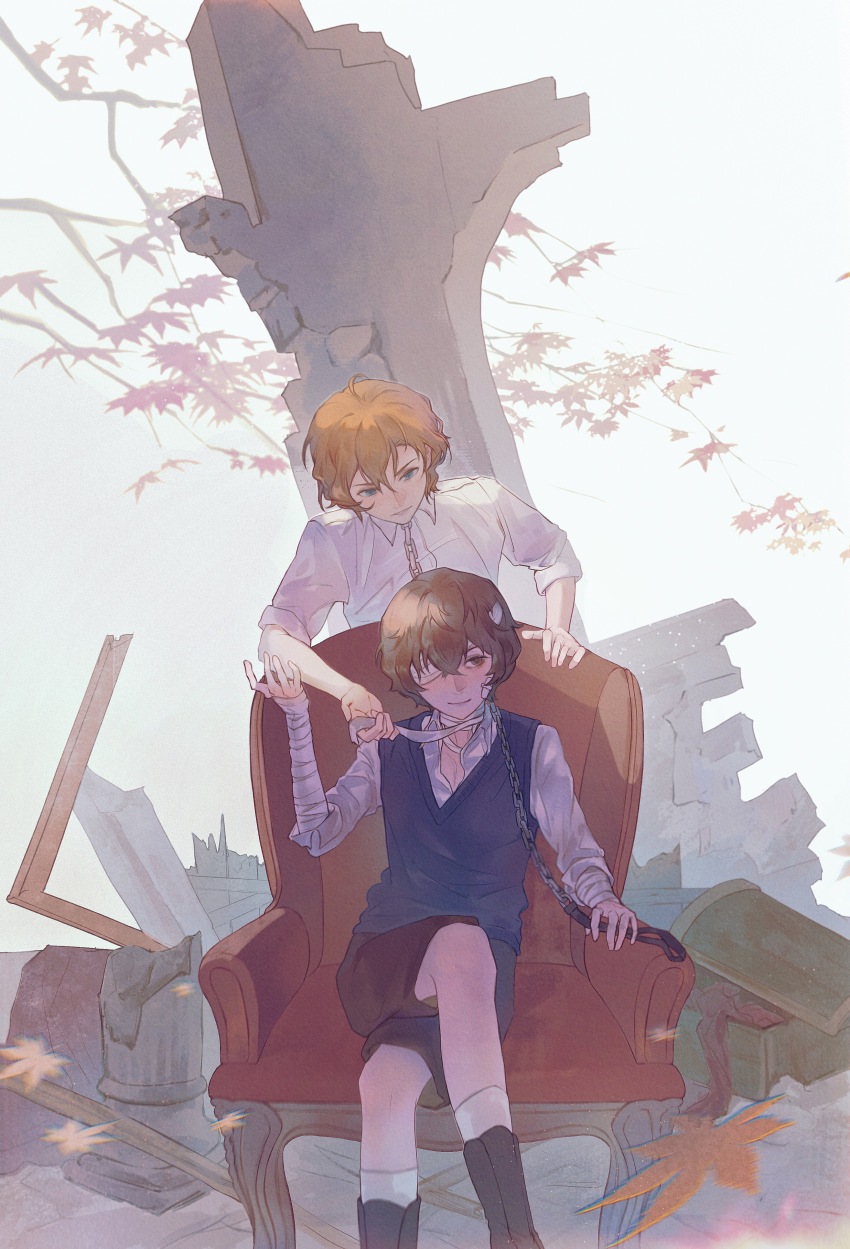 2boys absurdres arm_up bandaged_arm bandaged_head bandages black_shoes black_shorts blue_sweater_vest boots brown_eyes brown_hair bungou_stray_dogs chain chain_leash chair chinese_commentary collared_shirt commentary_request crossed_bangs crossed_legs dazai_osamu_(bungou_stray_dogs) debris gauze gauze_on_cheek grey_eyes highres holding holding_bandages holding_leash leaf leash looking_at_another looking_to_the_side male_focus multiple_boys nakahara_chuuya_(bungou_stray_dogs) open_collar pillar ruins shiragon shirt shoes short_hair shorts sideways_glance sitting sweater_vest tree white_shirt wing_collar