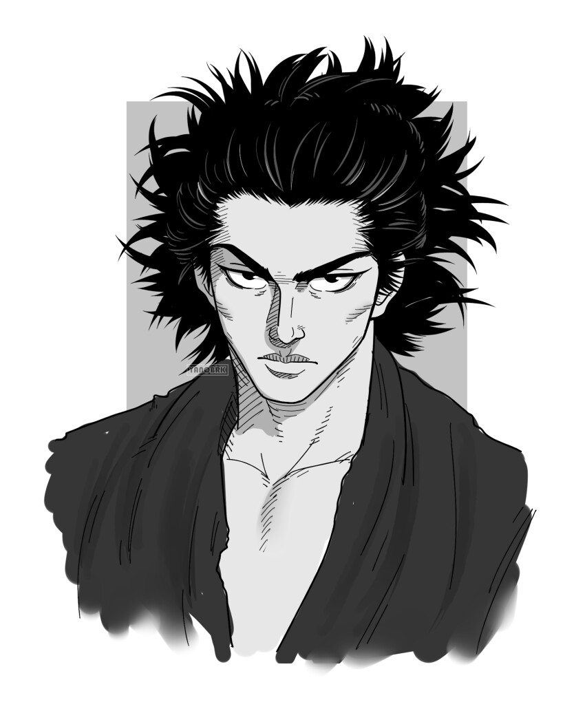 1boy closed_mouth greyscale highres looking_at_viewer male_focus messy_hair miyamoto_musashi_(vagabond) monochrome sanpaku signature solo upper_body vagabond yanobrk