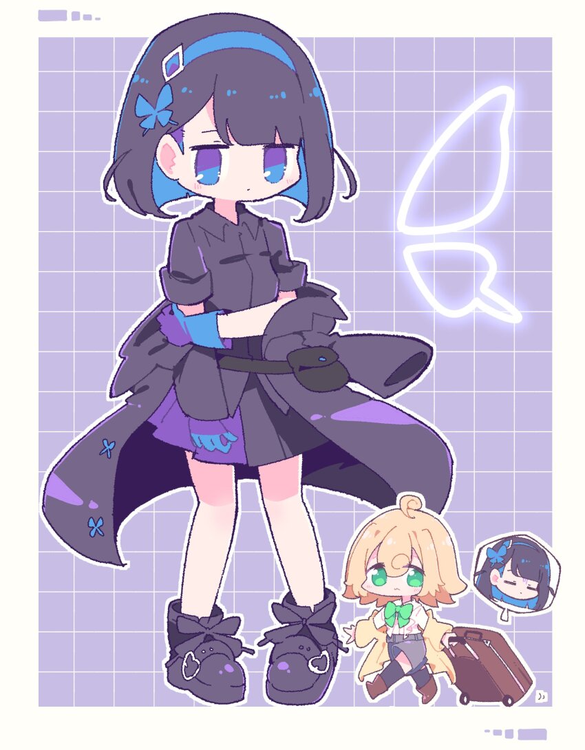 2girls absurdres ahoge bag black_boots black_coat black_dress black_hair black_thighhighs blonde_hair blue_eyes blue_hair blue_hairband blush boots border bow bowtie brown_boots butterfly_hair_ornament chibi closed_mouth coat collared_dress colored_inner_hair commentary_request dress full_body green_bow green_bowtie green_eyes grey_shorts grid_background hair_ornament hairband highres holding holding_suitcase looking_at_viewer multicolored_eyes multicolored_hair multiple_girls nekomo_(yumenkmc) open_clothes open_coat original outline outside_border purple_background purple_eyes short_hair short_sleeves shorts standing suitcase thighhighs two-tone_eyes two-tone_hair white_border white_outline