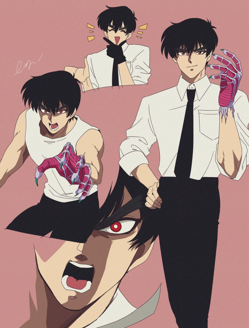 1boy absurdres belt black_gloves black_hair black_neckwear black_pants claws cowboy_shot fingernails gloves hand_on_own_hip highres jigoku_sensei_nube leg1228 long_fingernails looking_at_viewer male_focus multiple_views necktie nueno_meisuke pants portrait red_eyes sharp_fingernails shirt short_hair smile teeth upper_body white_shirt