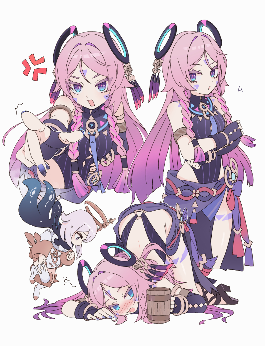 2girls absurdres anger_vein blue_eyes blush citlali_(genshin_impact) crossed_arms drunk facial_mark fingerless_gloves genshin_impact gloves gold_armlet halo highleg highleg_leotard highres leotard long_hair looking_at_viewer multiple_girls multiple_views open_mouth origami_gyokuo paimon_(genshin_impact) pink_hair pointing purple_gloves purple_leotard purple_sarong sarong simple_background striped_clothes striped_leotard tankard triangle triangle_facial_mark white_background white_hair