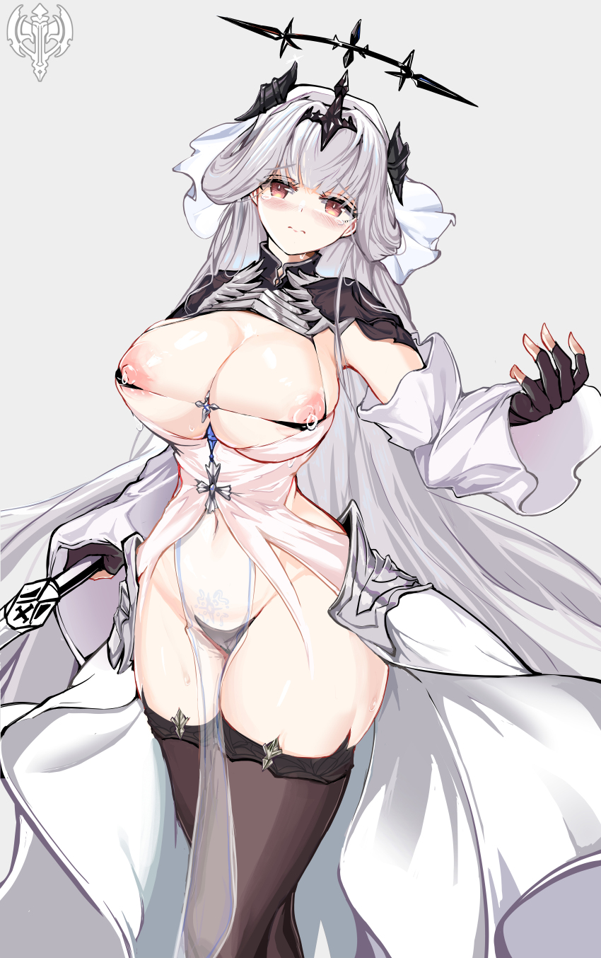 1girl absurdres azur_lane black_bra black_gloves black_thighhighs black_tiara blush bra breasts closed_mouth dress extreme_crop_top fingerless_gloves gloves grey_background grey_hair highres holding holding_sword holding_weapon lactation large_breasts long_hair looking_at_viewer marseillaise_(azur_lane) navel nipples oshiokitime pelvic_curtain red_eyes revealing_clothes simple_background solo sword thighhighs tiara underwear vichya_dominion_(emblem) weapon white_dress white_hair wide_hips