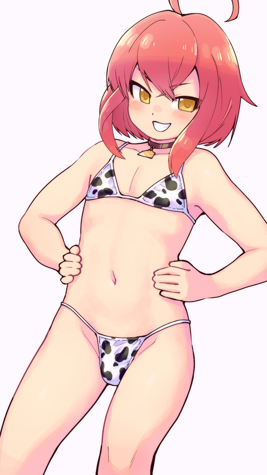 1boy ahoge animal_print bikini cow_print cow_print_bikini funatemi grimms_notes grin hahn_(grimms_notes) highres light_blush male_focus navel print_bikini red_hair simple_background smile standing swimsuit teeth trap white_background yellow_eyes