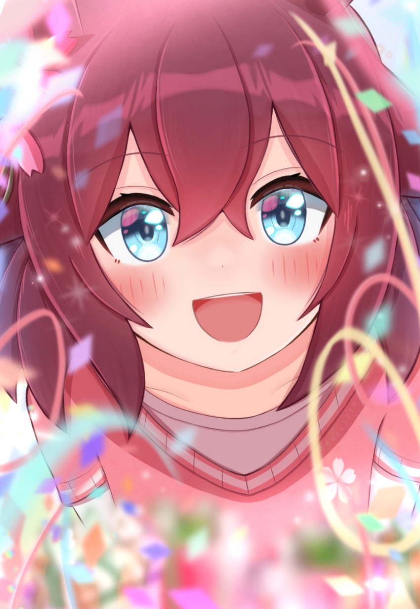 1girl absurdres blue_eyes blurry blurry_background blurry_foreground blush casual collarbone confetti flower hair_between_eyes hair_flaps hair_flower hair_ornament highres horse_girl looking_at_viewer medium_hair napo_(user_vktv7727) open_mouth pov sakura_chiyono_o_(umamusume) solo umamusume