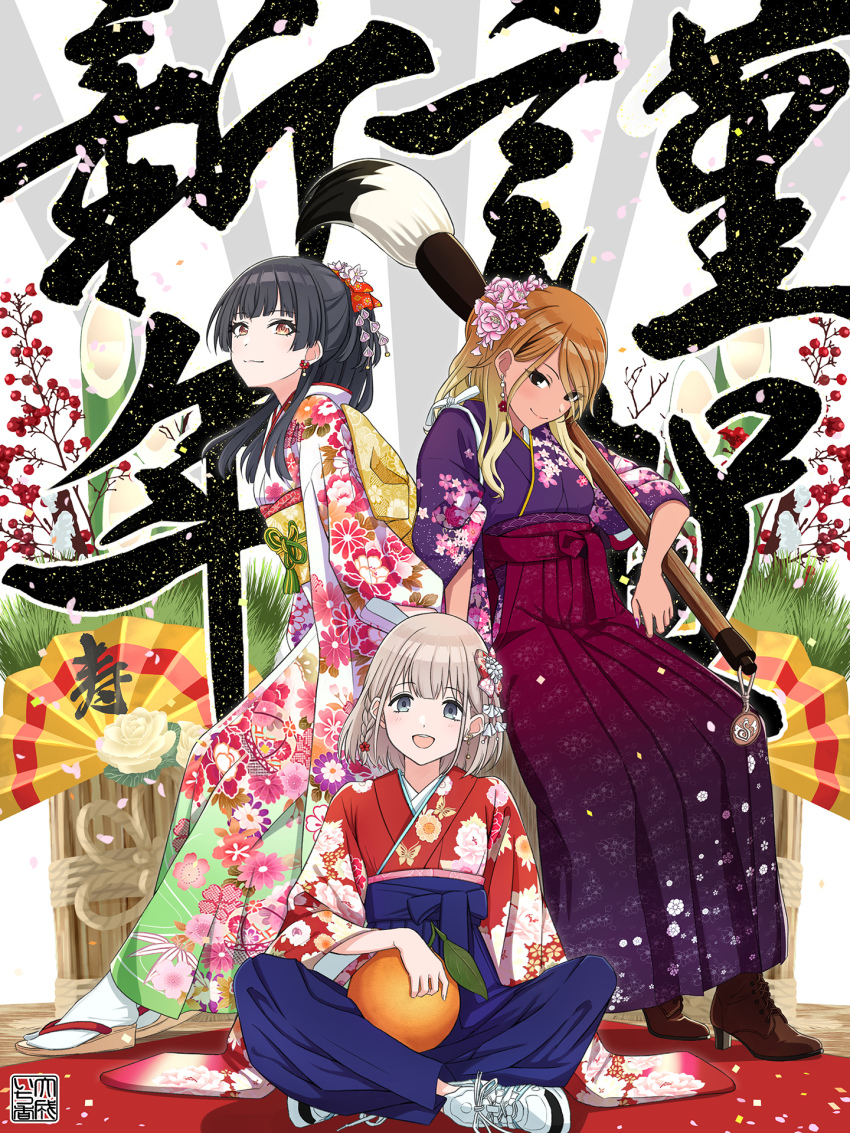 3girls alternate_costume black_eyes black_hair blonde_hair blue_eyes boots brown_eyes brown_footwear brown_hair calligraphy calligraphy_brush cherry dyjoe_ichika earrings floral_print flower food fruit full_body geta grass gyaru hair_flower hair_ornament hakama hand_fan high_heel_boots high_heels highres idolmaster idolmaster_shiny_colors indian_style izumi_mei japanese_clothes jewelry kimono long_hair mayuzumi_fuyuko meiji_schoolgirl_uniform multiple_girls new_year obi official_alternate_costume orange_(fruit) oversized_object paintbrush sash serizawa_asahi shoes short_hair signature silver_hair sitting sneakers straylight_(idolmaster) tabi tan tasuki white_legwear