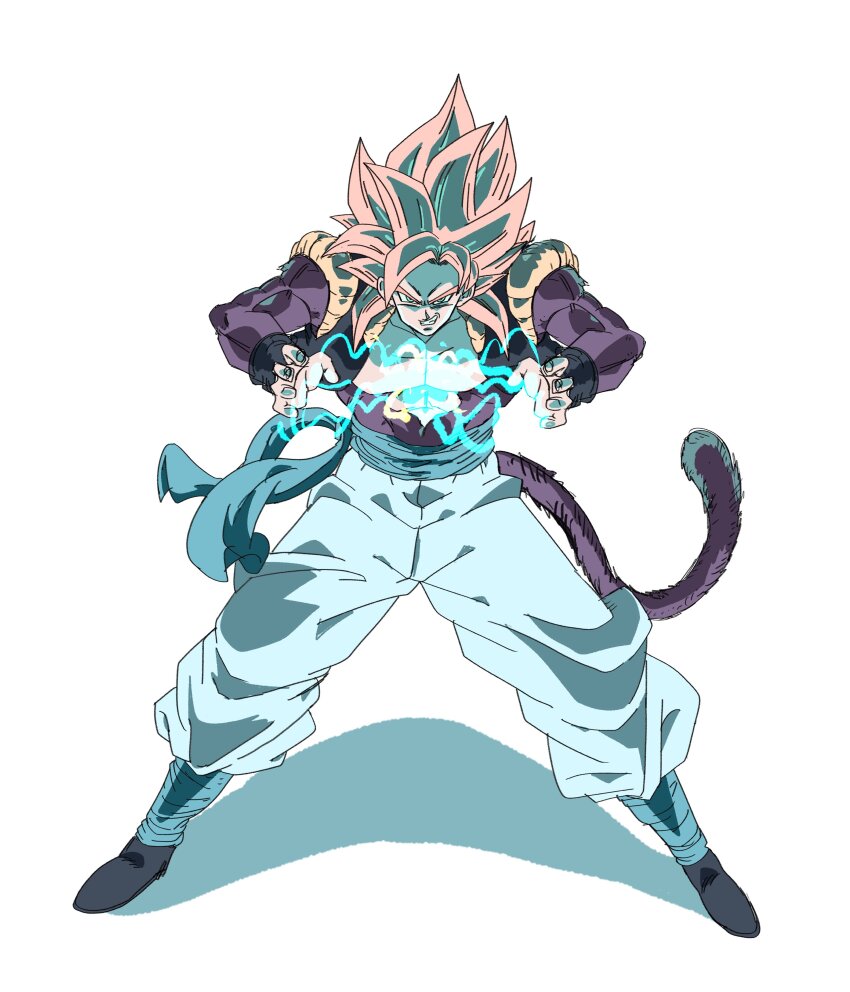 1boy absurdres black_vest blue_eyes body_fur brown_fur brown_tail cropped_vest dragon_ball dragon_ball_gt gogeta highres kazumax76 long_hair male_focus metamoran_vest monkey_tail no_shirt open_clothes open_vest pants powering_up red_hair simple_background smirk solo spiked_hair tail vest white_background white_pants