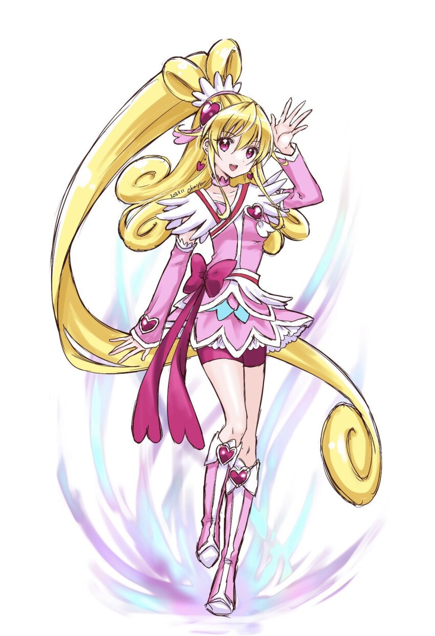 aida_mana blonde_hair blush boots bow brooch cure_heart dokidoki!_precure dress flipped_hair full_body hair_bun hair_ornament heart heart_brooch heart_hair_bun highres jewelry long_hair magical_girl okayashi pink_arm_warmers pink_bow pink_eyes pink_hair pink_sleeves pink_wrist_cuffs ponytail precure shorts_under_dress smile wide_ponytail wrist_cuffs