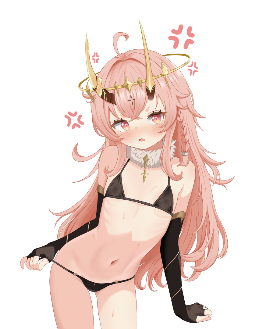 1girl absurdres ahoge anger_vein bikini black_bikini black_gloves byeolbinmandu commentary_request contrapposto cowboy_shot duet_night_abyss elbow_gloves fingerless_gloves flat_chest gloves highres horns korean_commentary lisbell_(duet_night_abyss) long_hair looking_at_viewer navel open_mouth pink_hair red_eyes simple_background solo string_bikini swimsuit white_background