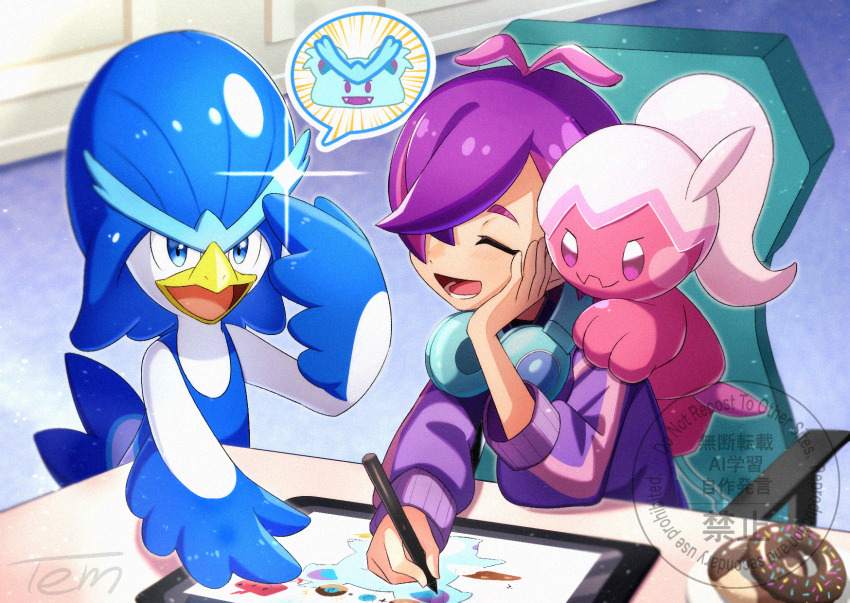 1girl :d antenna_hair chair closed_eyes commentary_request creatures_(company) donut dot_(pokemon) drawing_(action) food game_freak hair_over_one_eye hand_up happy head_rest headphones highres holding holding_stylus indoors jacket lower_teeth_only nidothing nintendo omotemuki open_mouth pokemon pokemon_(anime) pokemon_(creature) pokemon_horizons purple_hair purple_jacket quaxwell sitting smile stylus table tablet_pc teeth tinkatuff tongue watermark