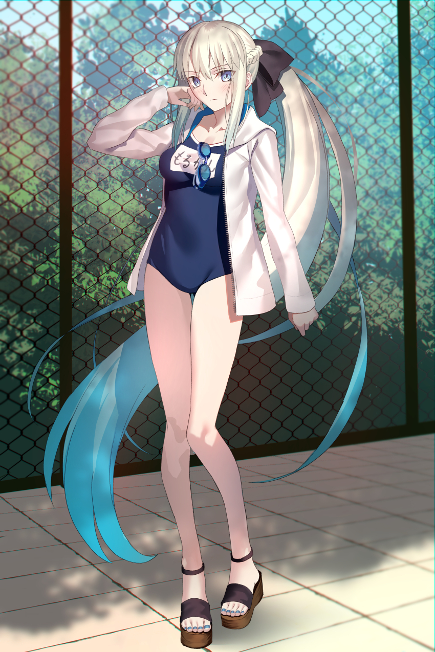 1girl absurdres black_bow blue_eyes blue_one-piece_swimsuit blue_toenails bow braid breasts bush ceramic_tile faerie_knights_(fate) fate/grand_order fate_(series) fence full_body glasses goggles grey_hair hair_between_eyes half_up_braid hand_on_own_face high_heels highres jacket long_hair long_sleeves looking_at_viewer mishiro_(ixtlolton) morgan_le_fay_(fate) one-piece_swimsuit open_clothes open_jacket outdoors ponytail scenery school_swimsuit solo swim_goggles swimsuit very_long_hair white_jacket
