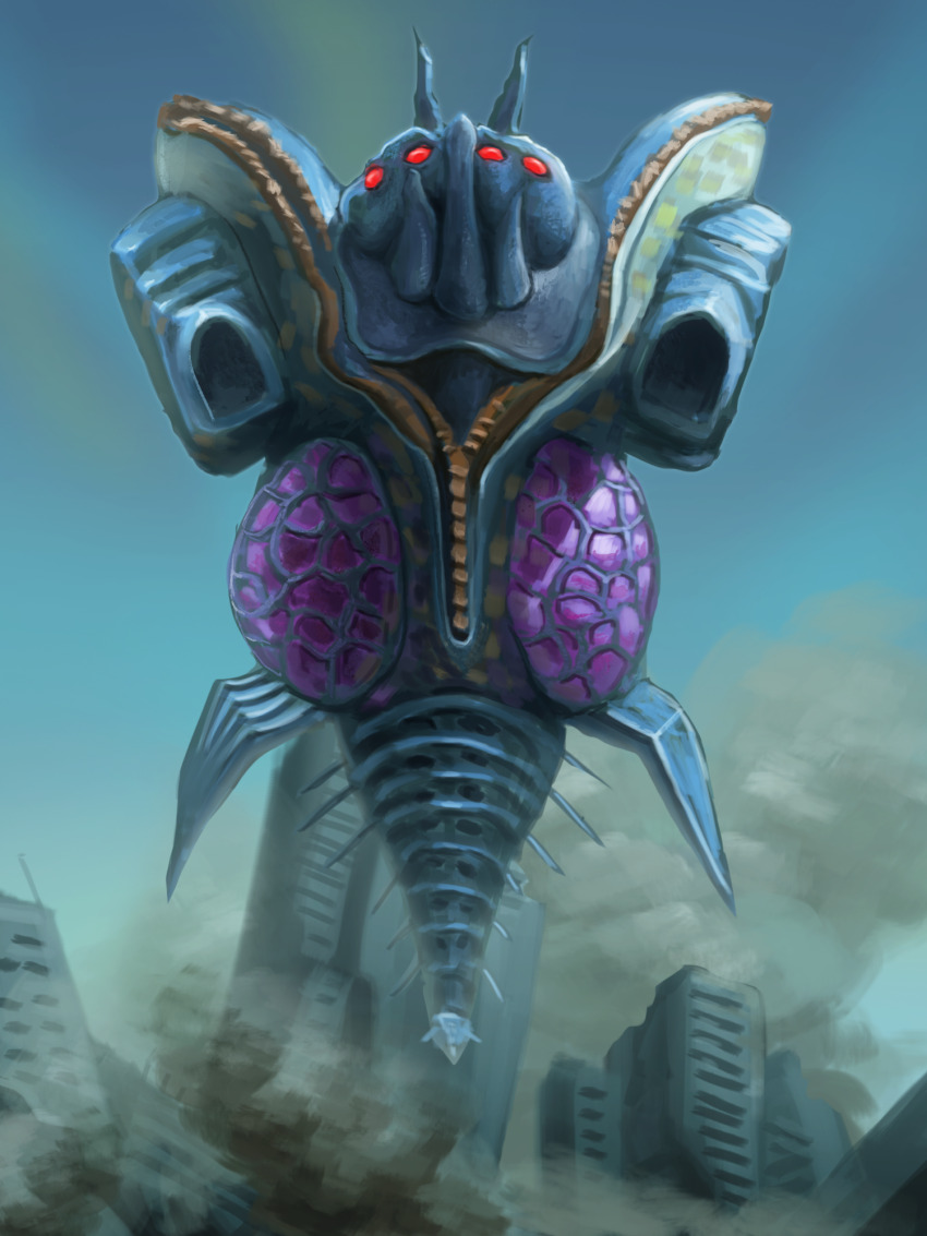 blue_skin building city colored_skin commentary_request day floating highres kaiju kudaya0825 mega_flash midair monster nautilus_(animal) outdoors red_eyes rubble smoke tokusatsu ultra_series ultraman_nexus_(series)