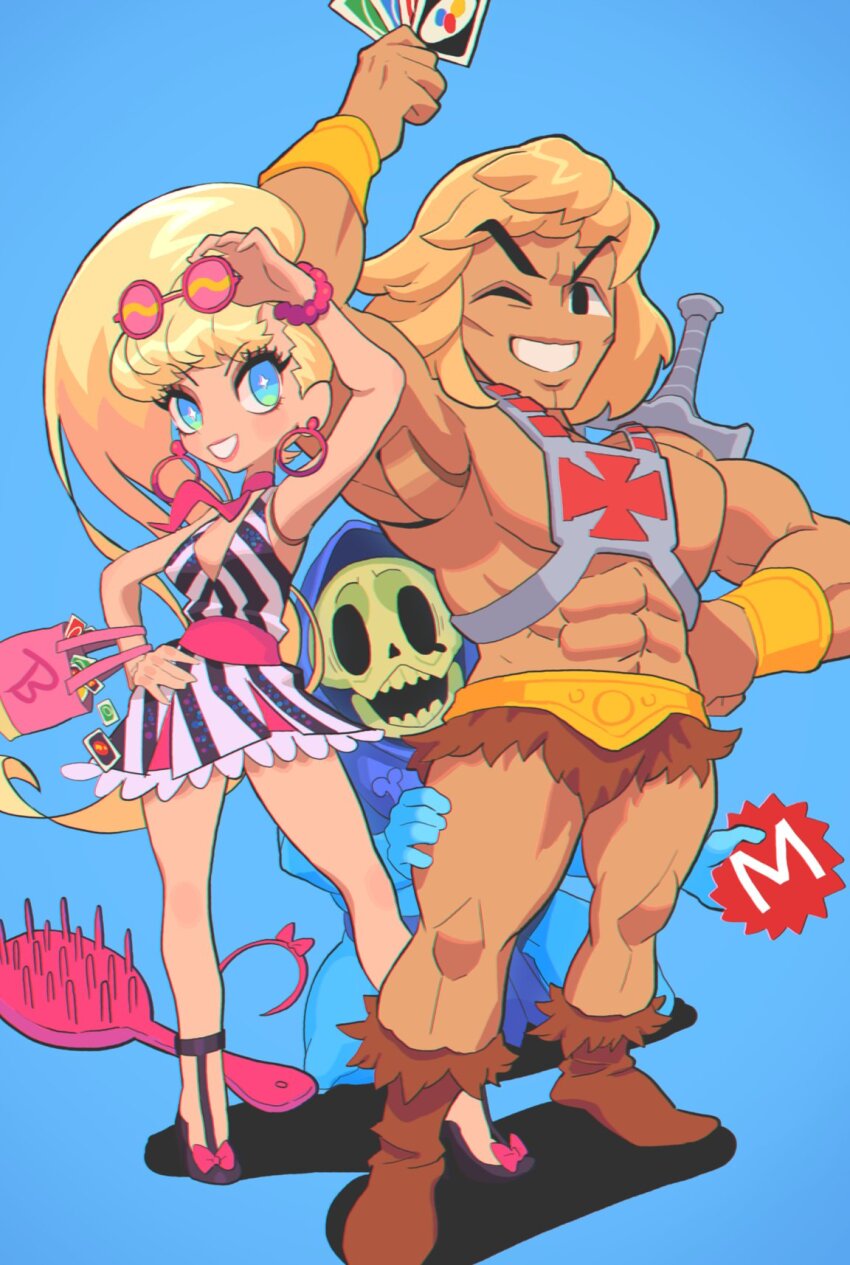 1boy 1girl barbie_(character) barbie_(franchise) blonde_hair blue_eyes boots brown_footwear card crossover dress earrings eyewear_on_head fur_trim gashi-gashi grin hair_brush he-man high_heels highres holding holding_card hoop_earrings jewelry long_hair masters_of_the_universe medium_hair muscular muscular_male necktie one_eye_closed pink-tinted_eyewear pink_necktie playing_card ponytail round_eyewear skeletor skull skull_head smile striped_clothes striped_dress sword sword_of_power sword_on_back teeth tinted_eyewear uno_(game) weapon weapon_on_back