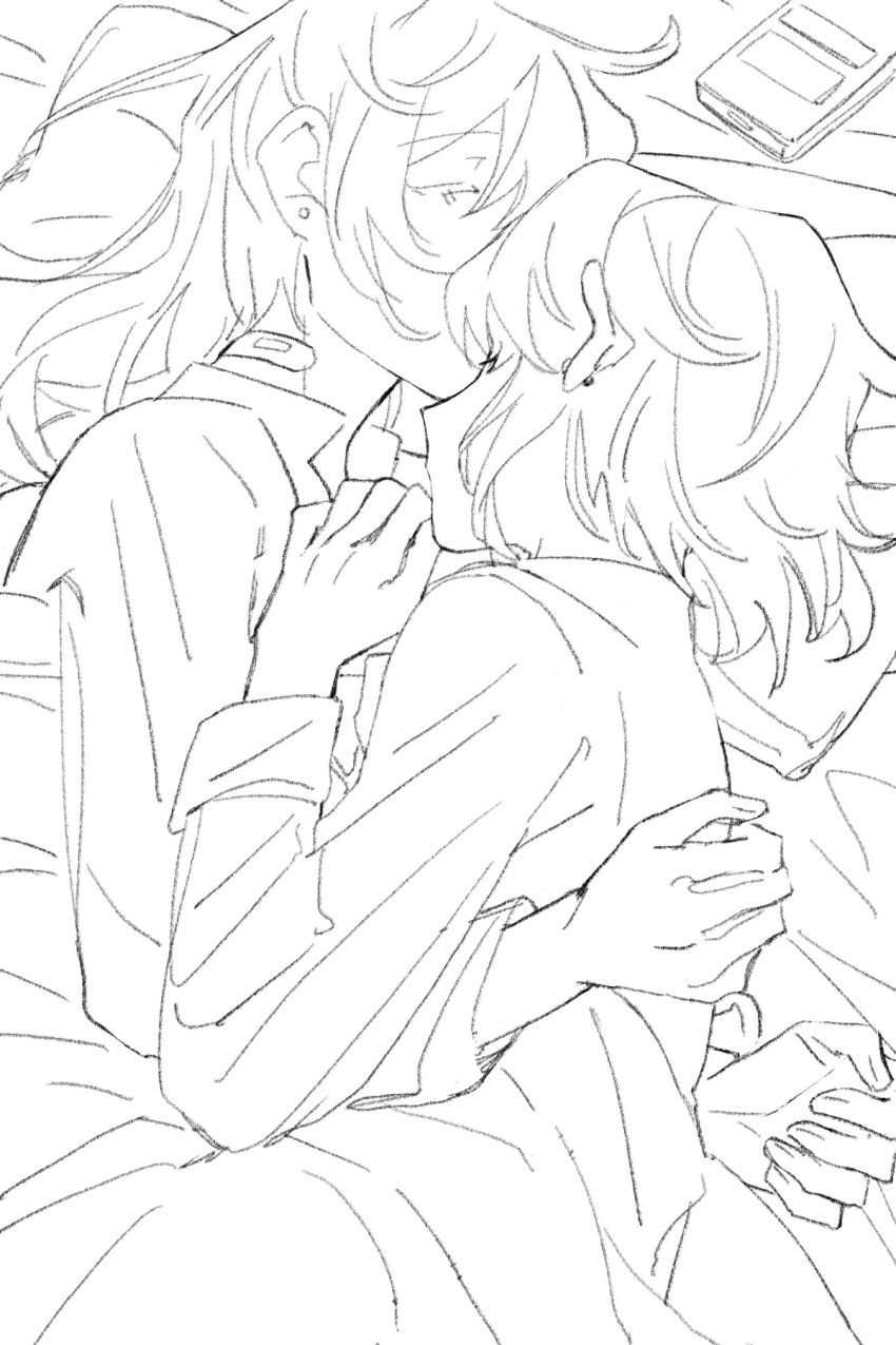 2girls bandaid bandaid_on_neck chinese_commentary closed_eyes commentary_request commission cuddling earrings greyscale highres jewelry lanserongjie long_hair long_sleeves medium_hair miyagi_shiori monochrome multiple_girls second-party_source sendai_hazuki shuuniichido_classmate_wo_kau_hanashi stud_earrings under_covers yuri