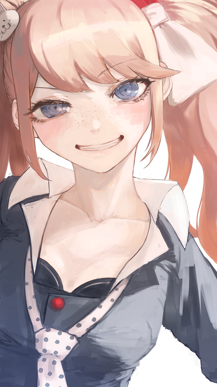 1girl absurdres black_bra black_shirt blue_eyes bow bra breasts cleavage collarbone cosplay danganronpa:_trigger_happy_havoc danganronpa_(series) enoshima_junko enoshima_junko_(cosplay) freckles hair_bow hair_ornament highres ikusaba_mukuro long_hair looking_at_viewer mt_yagi_shumi necktie polka_dot_necktie rabbit_hair_ornament shirt simple_background smile solo twintails underwear
