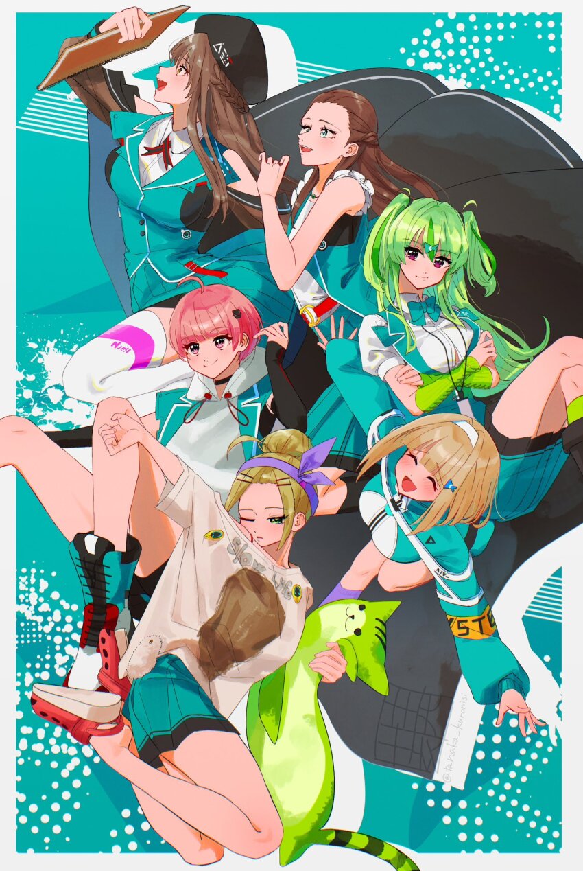 6+girls ahoge bangs_pinned_back beret blonde_hair braid breasts brown_hair fish_hair_ornament green_eyes green_hair hair_between_eyes hair_bun hair_ornament hairband half_up_braid hat heaven_burns_red highres large_breasts long_hair multicolored_hair multiple_girls ooshima_ichiko ooshima_isuzu ooshima_minori ooshima_muua ooshima_niina ooshima_yotsuha pleated_skirt red_eyes red_hair sextuplets short_hair siblings sisters skirt stuffed_toy tanaka_kuronisi team_31e_(heaven_burns_red) two_side_up yellow_eyes